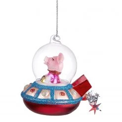 Butlers Décoration de Noël HANG On Cochon UFO - Verre transparent - Bleu